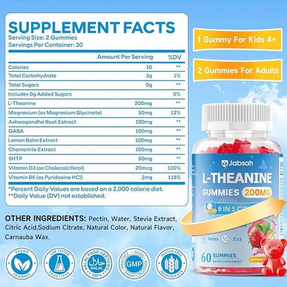 L-Theanine Gummies for Kids & Adults, L Theanine Supplement with Magnesium Glycinate, Ashwagandha, GABA, 5HTP for Calm, Relax, Zzz & Focus Support, Vegan Strawberry Flavor, 120 Count