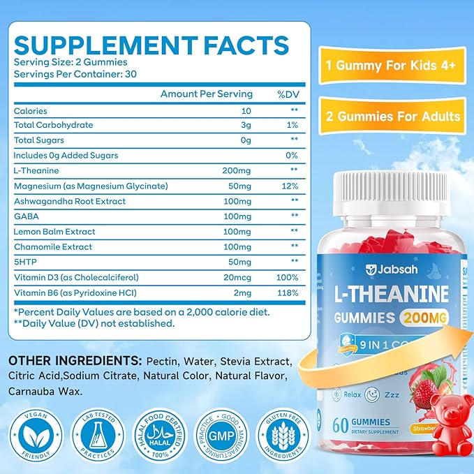 L-Theanine Gummies for Kids & Adults, L Theanine Supplement with Magnesium Glycinate, Ashwagandha, GABA, 5HTP for Calm, Relax, Zzz & Focus Support, Vegan Strawberry Flavor, 60 Count