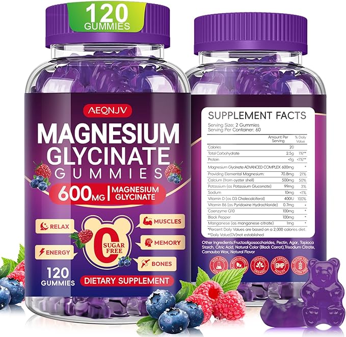 Magnesium Glycinate Gummies 600mg High Absorption, Manganese Glycinate for Women and Men with Vitamin D, B6, and CoQ10 for Adults & Kids, Magnesium for Calm Support & Sleep, 60 Days Supply