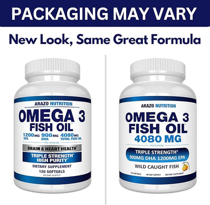 Arazo Nutrition Wild Caught Omega-3 Fish Oil Concentrate – 4,080mg per Serving – High EPA 1200mg & DHA 900mg – 120 Burpless Lemon Softgels
