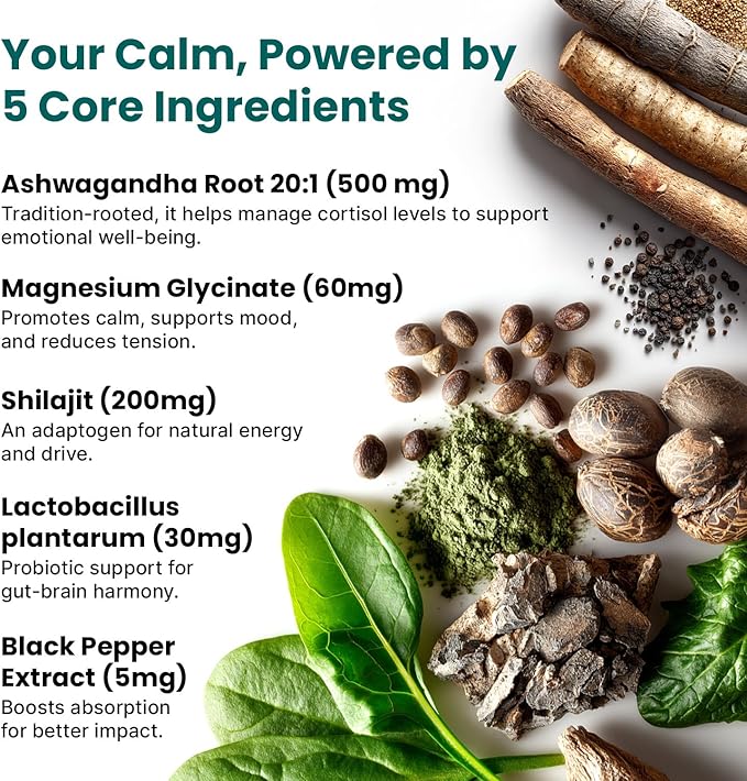 5-in-1 Cortisol Supplement for Women and Men with Ashwagandha for Calmness, Focus, and Adrenal Support Supplements with Shilajit Extract, Magnesium Glycinate, Probiotics (120 ct) (Pack of 1)
