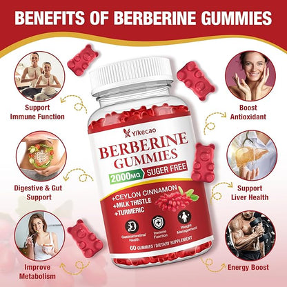 2 Pack Berberine Gummies with Ceylon Cinnamon, 2000mg Berberine HCL Supplement for Women & Men, Sugar Free, Vegan, Non-GMO, Gluten-Free, Raspberry Flavor-120 Count