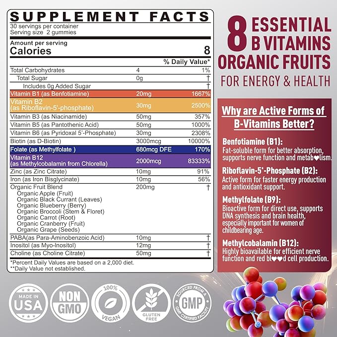 Nextdia Brain & Mood Support Gummies, Super Vitamin B Complex for Men & Women, All B Vitamin B1 B2 B3 B5 B6 B7 Folate MethyB12 with PABA, Inositol, Choline, Supports MTHFR Gene & Energy, Vegan, 120Ct