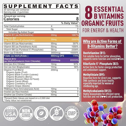Nextdia Brain & Mood Support Gummies, Super Vitamin B Complex for Men & Women, All B Vitamin B1 B2 B3 B5 B6 B7 Folate MethyB12 with PABA, Inositol, Choline, Supports MTHFR Gene & Energy, Vegan, 120Ct