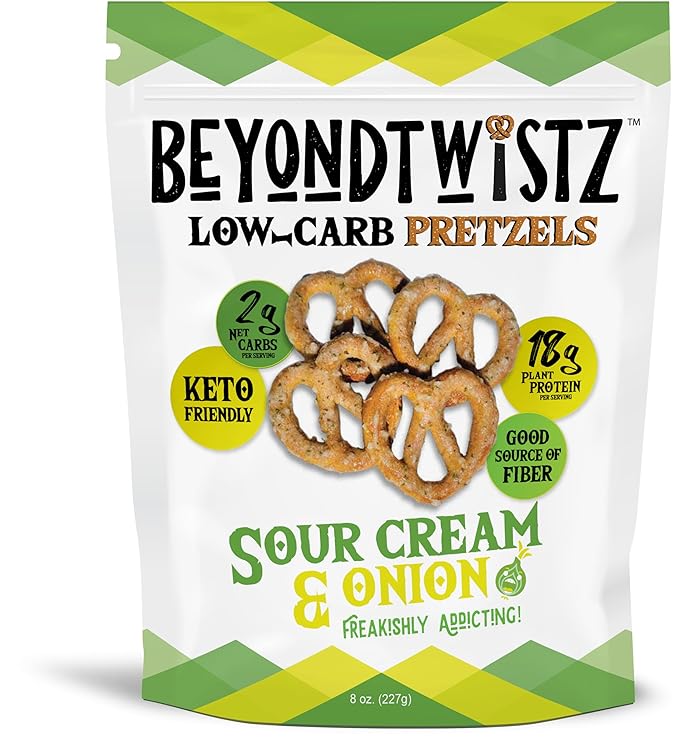 BeyondTwistz Low Carb Pretzels, Sour Cream and Onion, Keto Friendly, 2g Net Carbs, 18g Protein, Powered By HealthSense® High Fiber Wheat Flour, Family Size 8oz Bag, Pack of 1