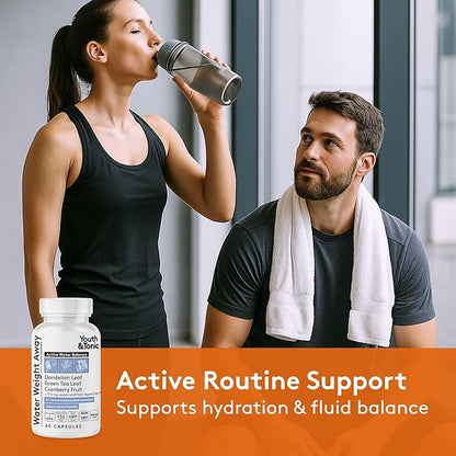 Youth & Tonic Water Weight Away – Herbal Diuretics for Water Retention & Bloating Support – with Potassium & Vitamin B6 for Fluid Balance – 60 Pills for Belly Bloat, Leg & Feet Swelling Support