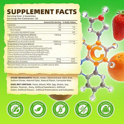 softbear Liposomal Vitamin C Gummies for Adults & Kids 1000mg, Chewable Vitamin C Supplement for Immune Support, Vegan/Organic/Sugar Free VIT C Gummies, Strawberry Flavor 120 Count