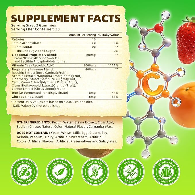 softbear Liposomal Vitamin C Gummies for Adults & Kids 1000mg, Chewable Vitamin C Supplement for Immune Support, Vegan/Organic/Sugar Free VIT C Gummies, Strawberry Flavor 60 Count