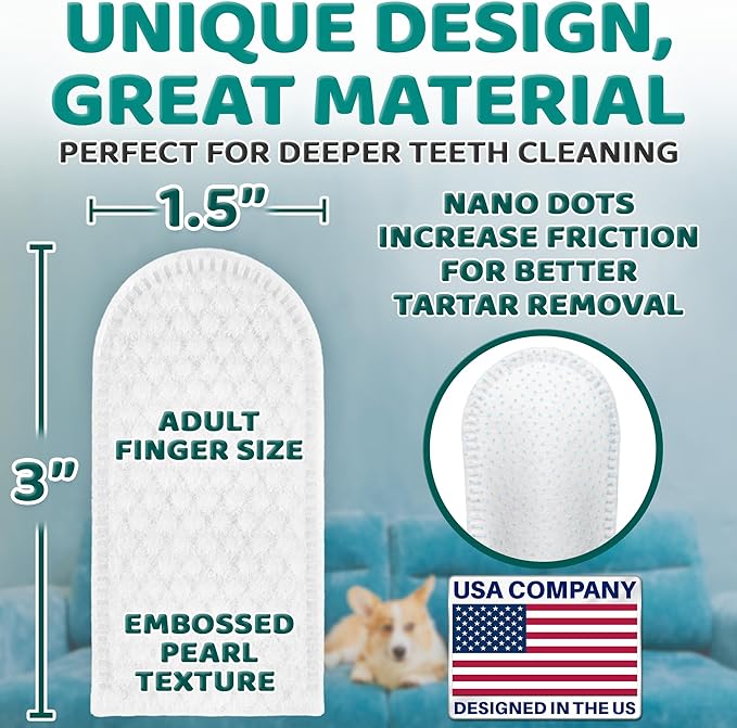 Premium Teeth Cleaning Wipes for Dogs & Cats - 50 Pcs - Pet Dental Care Finger Pads for Fresh Breath & Oral Hygiene - Embossed Pattern & Nano Plastic-Dotting to Remove Plaque & Tartar