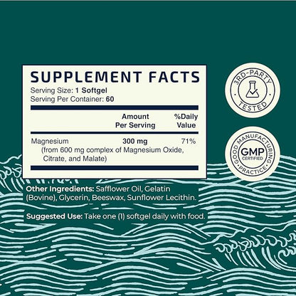 Triple Magnesium Softgels | Citrate, Malate, & Oxide | Highly Absorbable Magnesium Supplement for Digestion, Calm, Leg Cramps, & Sleep Support | 300mg Complex | Easy to Swallow Soft Gels | 60 Count