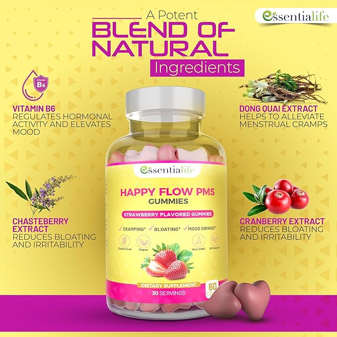 PMS Gummies - Happy Flow PMS Support Supplement for Women - Strawberry PMS Relief Supplement with Vitamin B6 for Hormone Balance, Period Support, Cramps, Hormonal Acne & Bloating Relief (120 Count)