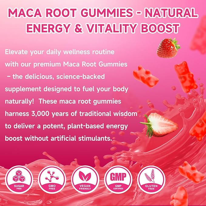 Maca Root Gummies for Women & Men, Organic Maca Root Supplement with Ashwagandha for Energy & Strength Support, Sugar-Free/Vegan/Non-GMO, Strawberry Flavor 120 Count
