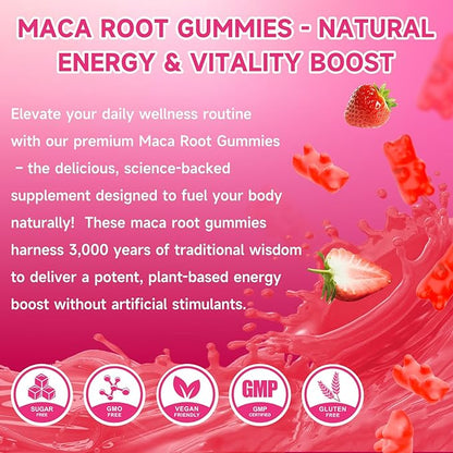 Maca Root Gummies for Women & Men, Organic Maca Root Supplement with Ashwagandha for Energy & Strength Support, Sugar-Free/Vegan/Non-GMO, Strawberry Flavor 120 Count