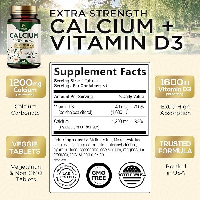 Calcium 1200 mg with Vitamin D3 Per Serving - Bone Health Supplement, Vitamin D & Calcium Supplements for Women & Men - Bone, Teeth & Immune Support, Nature's Calcium Pills, USA Bottled - 60 Tablets