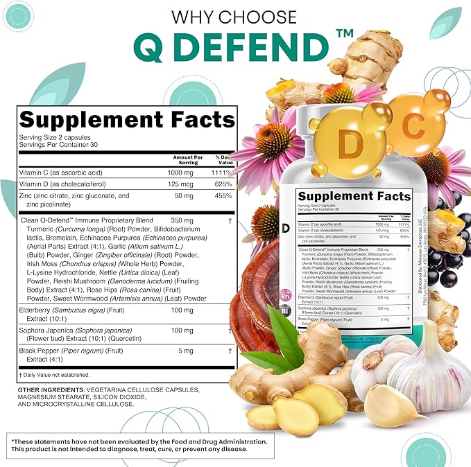 Q Defend Quercetin Supplement with Zinc Vitamin C Vitamin D Elderberry Turmeric Black Pepper Garlic Ginger Sea Moss Lysine Stinging Nettle Reishi Immune Support 60 Capsules Pack of 3 by Clean Nutra