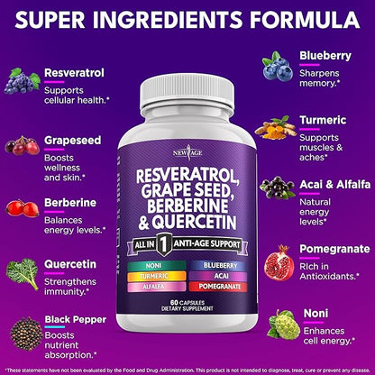NEW AGE Resveratrol, Berberine, Grape Seed Extract, Quercetin - Polyphenol Supplement for Women and Men with Noni, N-Acetyl Cysteine, Acai - 60 Capsules