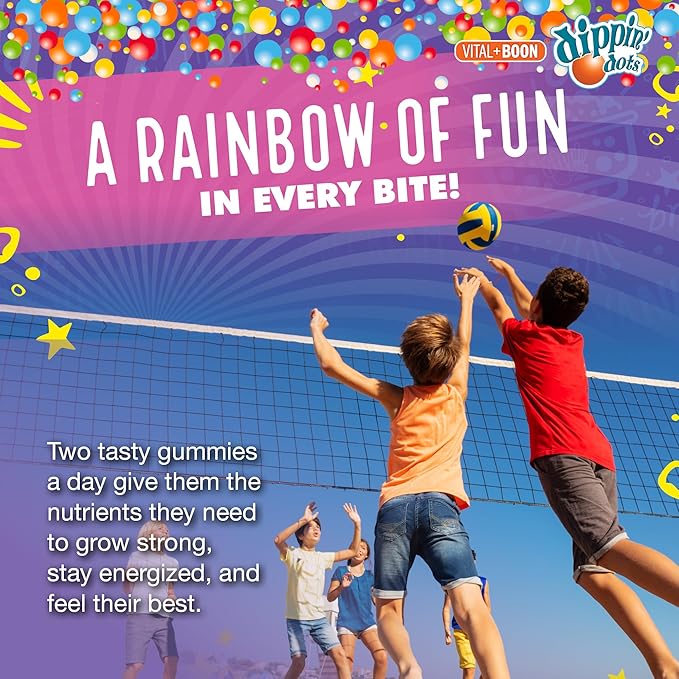 Dippin' Dots - Multivitamin Gummies for Kids Rainbow Fruit Flavor Complete Multivitamin Chewy Gummies Vitamin A, B, C, D3, E, B6, Zinc - 60 Count