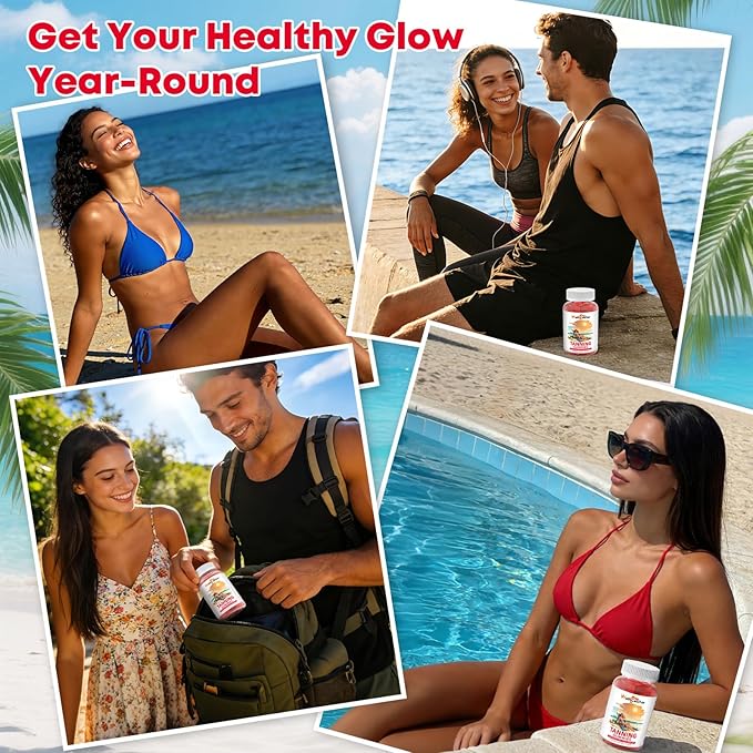 Tanning Gummies Supplement for Women Men: Daily Bronzing Tanning Gummies with Astaxanthin Beta-Carotene L-Tyrosine Lycopene, Melanin Supplement for Natural Glow Healthy Skin Sun Sensitivity Vegan 60CT