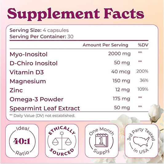 Myo-Inositol & D-Chiro Inositol 2000mg Per Serving for Women - Inositol 40:1 Formula with Spearmint, Vitamin D3, Zinc & Magnesium - Hormone Balance for Women, Ovarian Support - 120 Capsules - 1Pack
