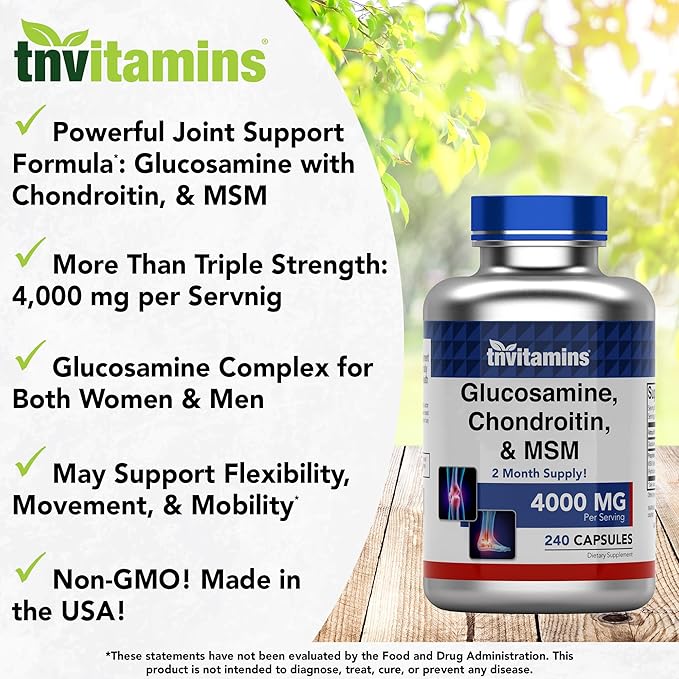 tnvitamins Glucosamine Chondroitin MSM Capsules, 240 Count | 4,000 mg Per Serving | 2,000 mg Glucosamine Sulfate 2KCl + 2,000 mg MSM & Chondroitin Blend | Joint Support Supplement
