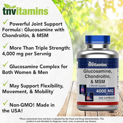 tnvitamins Glucosamine Chondroitin MSM Capsules, 240 Count | 4,000 mg Per Serving | 2,000 mg Glucosamine Sulfate 2KCl + 2,000 mg MSM & Chondroitin Blend | Joint Support Supplement