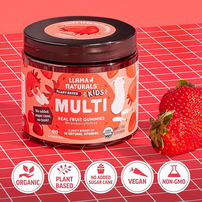 Llama Naturals Kids Multivitamin Gummies | Real Fruit, No Added Sugar Cane | Organic Vegan Toddler Whole Food Vitamins | Vitamin D, C & Beta Carotene Gummy Supplement | Strawberry 90 Ct (1-2 Months)