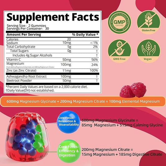 Magnesium Glycinate Gummies, Sugar Free Magnesium Supplement w/Ashwagandha, Zinc, Vegan Magnesium Glycinate Supplement for Adults - 120 Cherry Gummies