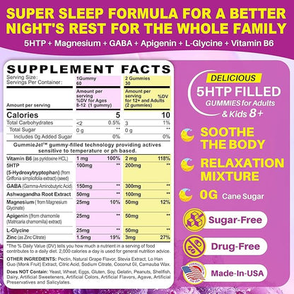 5HTP Gummies for Adults & Kids 8+, Melatonin Free Gummies with Magnesium Glycinate, GABA, L-Glycine, Ashwagandha, Vitamin B6 for Delicious Zzzs, Brain & Muscle Relaxation, 0 Sugar 60 Count (Pack of 1)