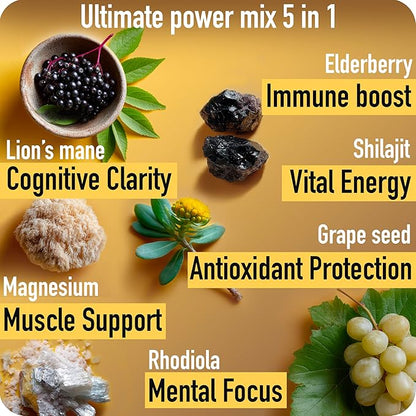 ad hoc 1100mg Gold Shilajit Gummies with Magnesium, Lions Mane, Rhodiola, Grape Seed - Himalayan Shilajit for Men Women, 85+ Trace Minerals & Fulvic Acid, Pure Shilajit for Energy Immune Support,60 Ct