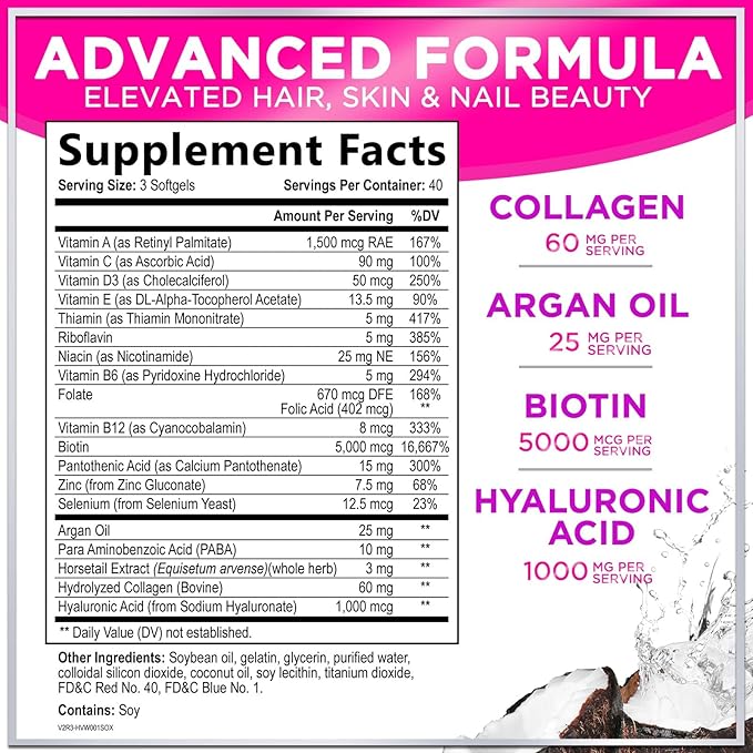 Hair Vitamins for Women for Hair Growth - Argan-Infused Supplement with Collagen, Biotin and Hyaluronic Acid - Supports Faster Hair Growth, Skin & Nails Beauty Vitamins, Bottled in USA - 120 Softgels