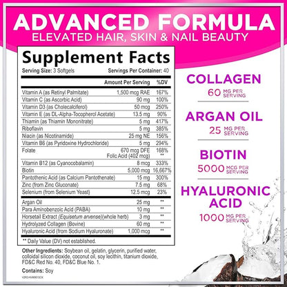 Hair Vitamins for Women for Hair Growth - Argan-Infused Supplement with Collagen, Biotin and Hyaluronic Acid - Supports Faster Hair Growth, Skin & Nails Beauty Vitamins, Bottled in USA - 120 Softgels
