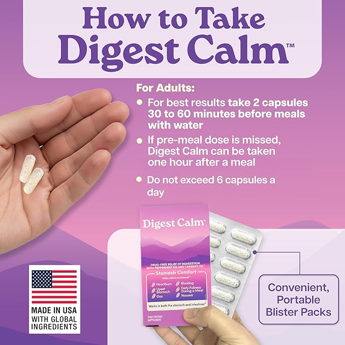 Digest Calm™ - Relief of Occasional Indigestion, Upset Stomach, Nausea, Gas, Bloating, Early Fullness - Herbal Supplement - 36 Capsules
