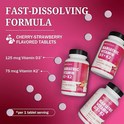 BioSchwartz Bariatric D3 K2 Dissolvable Tablets - 90 Cherry-Strawberry Tablets - Supports Bone Strength - Bariatric Vitamins for Women with Vitamin D3 5000 IU - Third Party Tested, 90 Servings