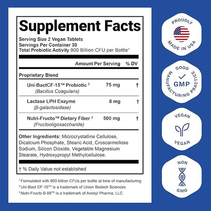 Nutrition Essentials Probiotics for Women and Men with Natural Lactase Enzyme & Prebiotic Fiber for Digestive Health - 80percent + Stronger Supplement for Gut Health Support - 6 Count of 60 Tablets