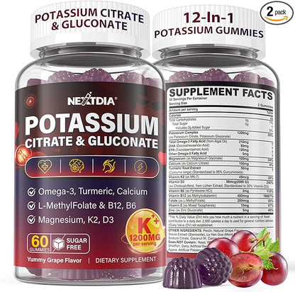 Potassium Citrate and Potassium Gluconate Supplement, 1200mg Two Forms of Potassium Gummies, w/Magnesium, Omega-3, Calcium, Vitamin D3 K2 B12 E B6, Folate for Mṵṣḉḷḙ, Nerves, Health Bones, 120Cts