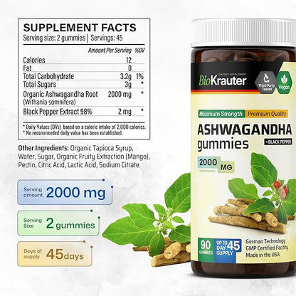 BIO KRAUTER® Ashwagandha Gummies for Mood Magic & Relaxation Support 2000 mg - Vegan Ashwagandha Supplements for Women & Men - 90 Relax Gummies - 45 Days of Supply, Mango Flavor - Non-GMO