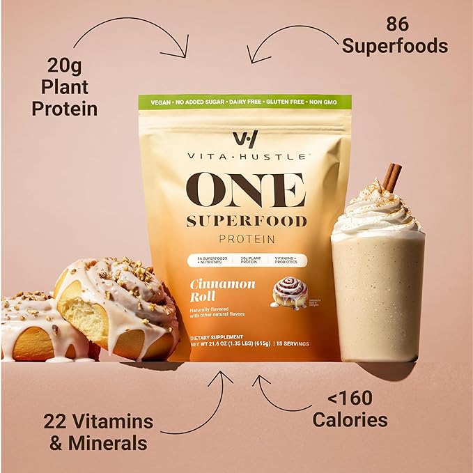 VitaHustle ONE Vegan Cinnamon Roll Protein Powder - 20g Plant Protein Meal Replacement with 86+ Superfoods & Greens, Probiotics + No Bloat Digestive Blend - Dairy Free, Gluten Free (15 Servings)