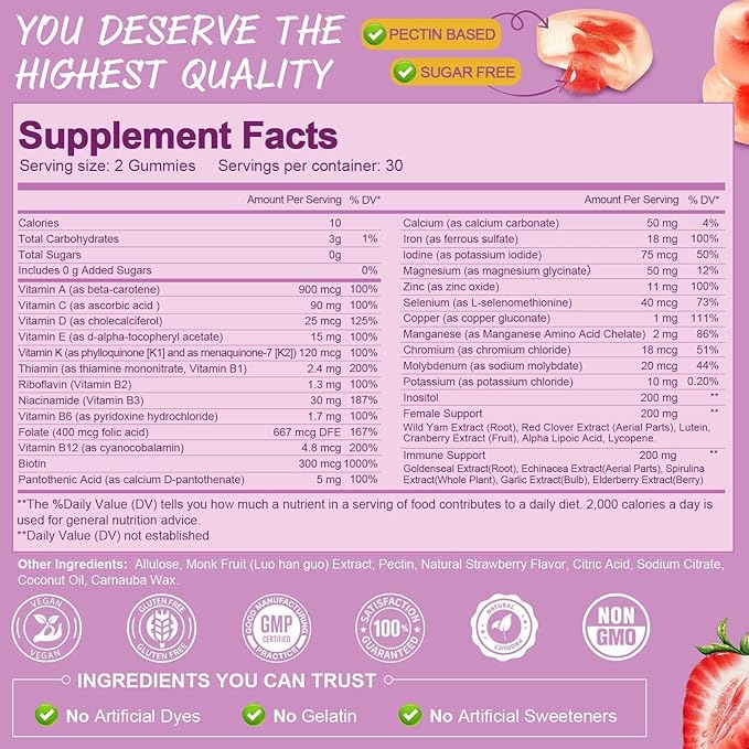 Totaria Sugar Free Multivitamin Gummies for Women 14+ w/Inositol, Iron, Folate, Biotin, Womens Daily Multivitamin Gummy w/Vitamin A, D, C, B, Support Hair, Skin, Energy, Immune, Strawberry Flavor