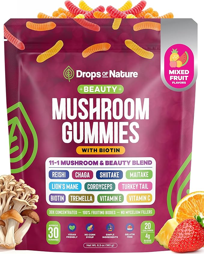 Drops Of Nature Mushroom Beauty Biotin Gummies – Tremella Lions Mane VIT C VIT E – 11-in-1 Mushroom Superfood Blend – Vegan Hair Skin and Nails for Women (Mixed Fruits, 30 Gummies)