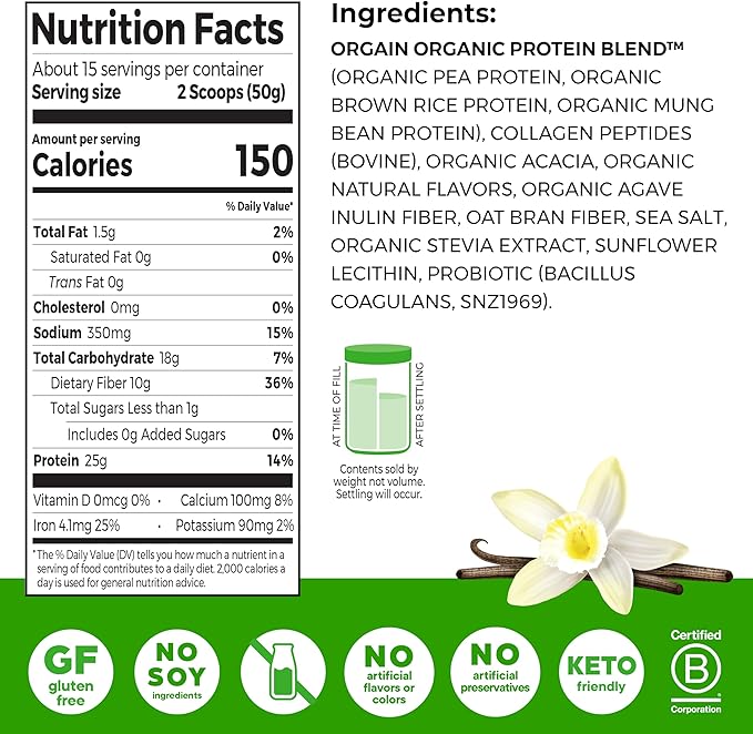 Orgain Protein Powder + Collagen, Vanilla Bean - 25g of Protein, 10g Collagen Peptides, Type I & III, 1B CFU Probiotics, Supports Hair, Skin, Nail, Joint & Gut Health, Gluten Free - 1.6lb