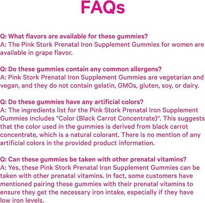 Pink Stork Prenatal Iron Supplement Gummies for Women - 20 mg with Vitamin C - Grape Chewable for Deficiency, Energy, & Blood Builder - 60 Gummy Chews