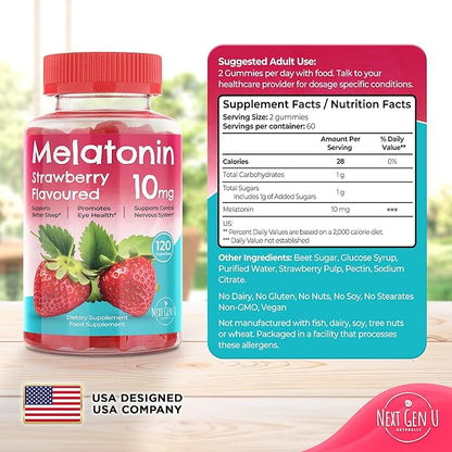 Melatonin Gummies - 10 mg Dietary Supplement - Strawberry Flavored - 120 Vegan Gummies - by NextGenU