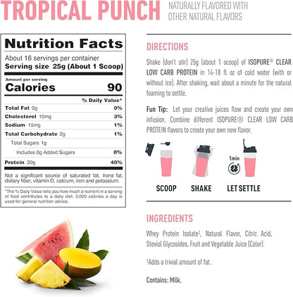 Isopure Clear Whey Isolate Protein Powder, Lactose Free, Gluten Free, Naturally Flavored, Tropical Punch, 20g Protein Per Serving, 14.1 Oz, 16 Servings (Packaging May Vary)