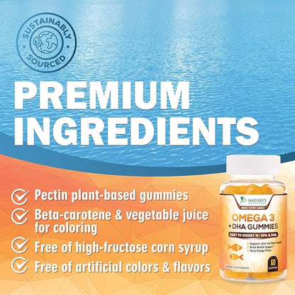 Omega 3 Fish Oil Gummies - Heart Healthy Omega 3 Gummy Supplement with High Absorption DHA & EPA, Extra Strength Joint & Brain Support, Delicious Orange Flavor Fish Oil Nature's Vitamin - 60 Gummies