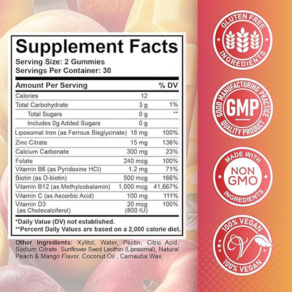 Iron Supplement Gummies for Adults & Kids - with Calcium, Zinc, Folate & Multivitamin - Blood Builder & Energy Support & Immune Health for Iron Deficiency, Anemia, Vegan -Peach & Mango Flavor,120ct