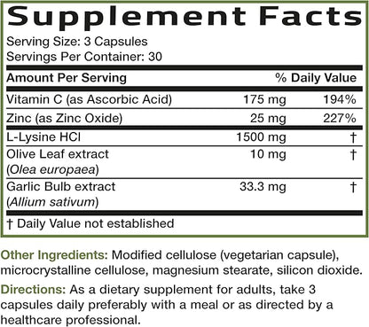 Bronson L-Lysine Defense Immune Support Complex 1500 MG L-Lysine Plus Olive Leaf, Garlic, Vitamin C and Zinc - Non-GMO, 90 Vegetarian Capsules