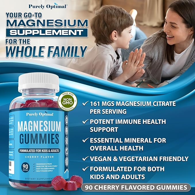 Purely Optimal Magnesium Citrate Gummies for Kids & Adults - Delicious Cherry Flavor - Sleep, Calm & Digestive Support, Relaxation, Muscle Health - Chewable Magnesium, Gluten-Free, Vegan - 90 Gummies
