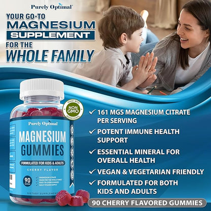 Purely Optimal Magnesium Citrate Gummies for Kids & Adults - Delicious Cherry Flavor - Sleep, Calm & Digestive Support, Relaxation, Muscle Health - Chewable Magnesium, Gluten-Free, Vegan - 90 Gummies
