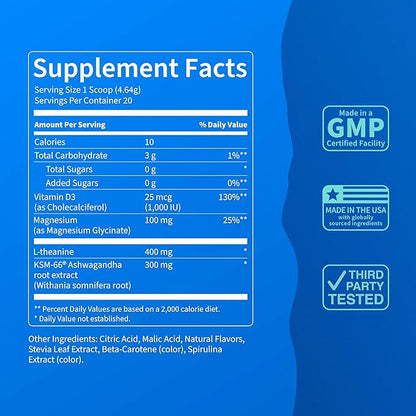 Nello Supercalm Powdered Drink Mix Tub, Cortisol Reducer* and Sleep Aid Supplement, L Theanine, Ksm-66 Ashwagandha, Magnesium Glycinate, Vitamin D 3, No Sugar, Non GMO, 30 Ct, Cucumber Lime