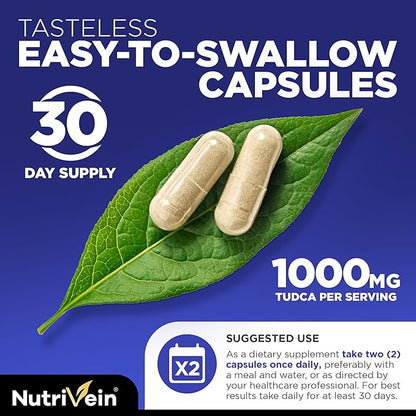 Nutrivein Premium TUDCA+ Liver Support Supplement 1000mg - 30 Day Supply (60 Caps): TUDCA Supplement Bile Salts for Liver Wellness